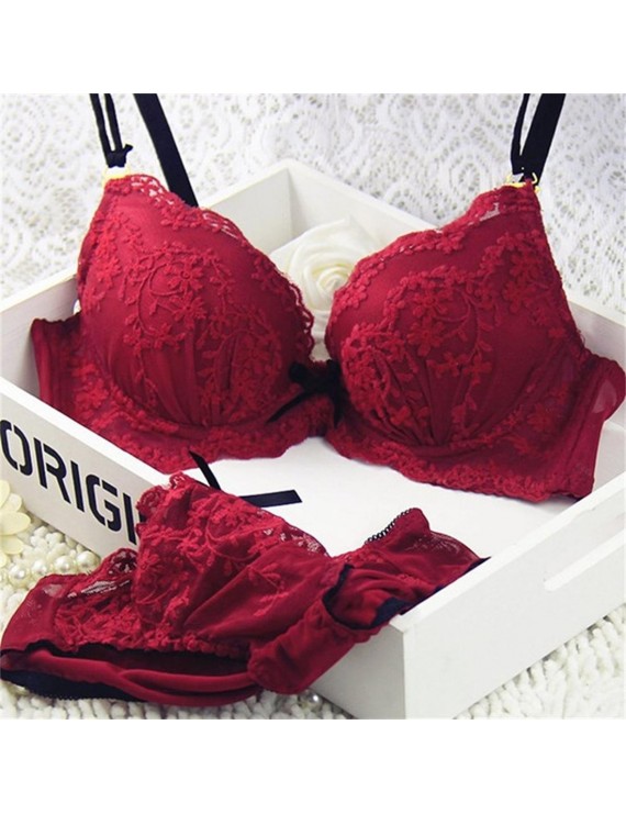 Embroidery Sexy Push-up Lace Bra + Underpant Underwear Set with 3-hook Closure