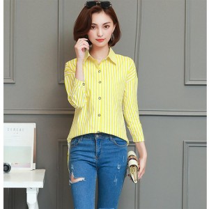 Vertical Strip Shirt Casual Turn-down Collar Long-sleeved Blouse for Women