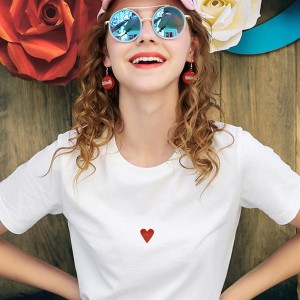 Women Short Sleeve T-Shirt Casual O Neck Ladies Heart Embroidery Shirt Tops