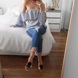 Summer Women Fashion All-match Style Striped Sexy Off Shoulder Strapless Shirt