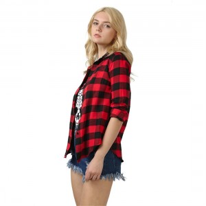 Female Lapel Long Section Plaid Shirt Women Slim Outerwear with Long Sleeves
