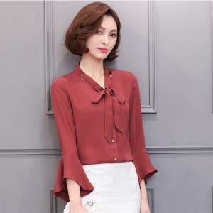 Spring Women Casual Slim Pagoda Sleeves V-neck Bowknot Ribbon Chiffon Shirt
