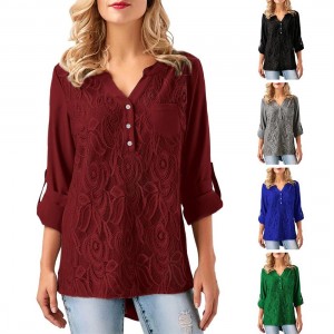 Solid Color Sexy Lace-Stitching Shirt Long-sleeved V-neck Blouse for Female