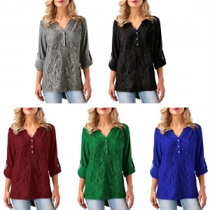 Solid Color Sexy Lace-Stitching Shirt Long-sleeved V-neck Blouse for Female