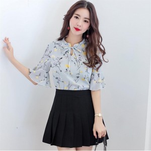 Short-sleeved Floral Chiffon Blouse with Tie on Neck & Flare Sleeves for Women