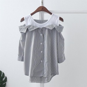 Stitching Strapless Half Sleeve Stripes Shirt Blouse Fashion Women Shirt