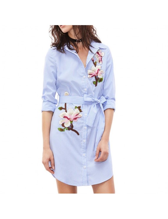 Floral Embroidery Long Sleeve Casual Turn-Down Collar Women Top Shirt Dress