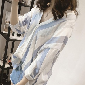 Korean Loose Vertical Stripe Shirt V-neck Long Sleeve Women's Tops and Blouse