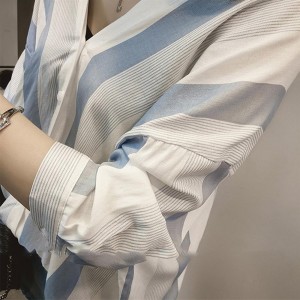 Korean Loose Vertical Stripe Shirt V-neck Long Sleeve Women's Tops and Blouse