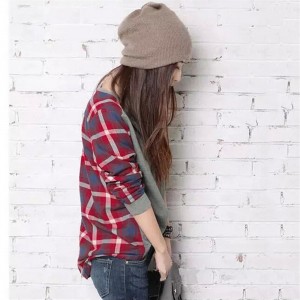 Autumn Women Stitching Plaid Long Sleeve Casual Loose O-Neck Cotton Blouse