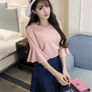 Summer Women Half Flare Sleeve Shirt O-neck Solid Tops Casual Loose Blouse