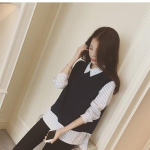 Two Piece Fake Blouses Strip Shirts Bottoming Long-sleeved Women's Clothing