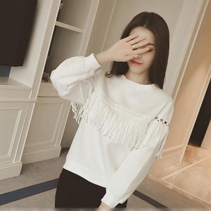 Women Loose Bottoming Shirt Long-Sleeved T-shirt with Tassels on Chest&Sleeves