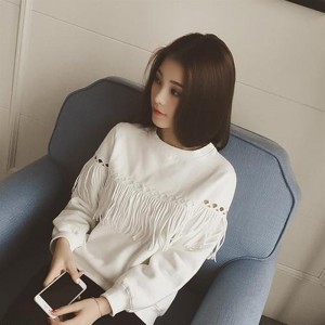 Women Loose Bottoming Shirt Long-Sleeved T-shirt with Tassels on Chest&Sleeves