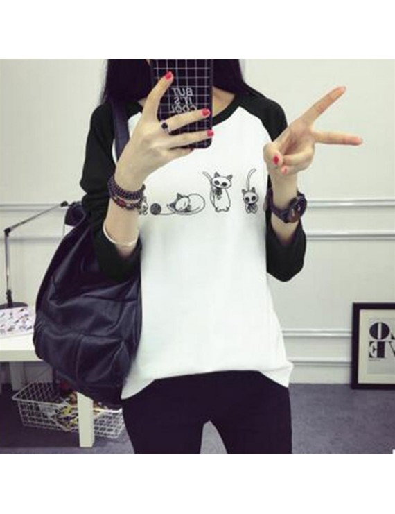 Long-sleeved O-neck Bottoming T-shirt with Cartoon Pattern Print for Women