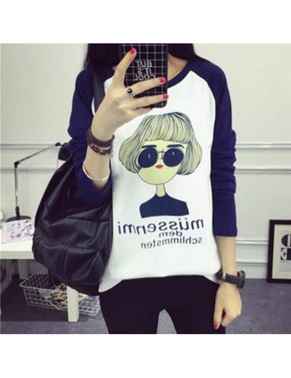 Long-sleeved O-neck Bottoming T-shirt with Cartoon Pattern Print for Women