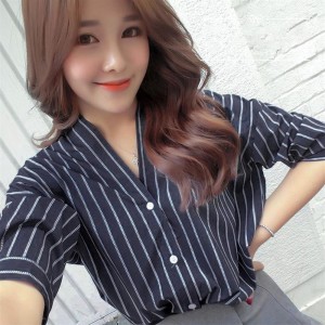 Three-Quarters Sleeves Easy Matched Stripe Shirt V-neck Sexy Blouse for Women