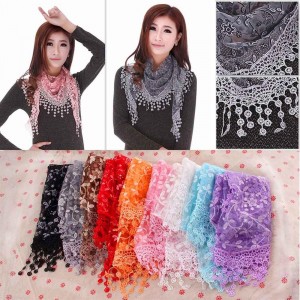 Women Lace Sheer Floral Print Triangle Veil Scarf Shawl Wrap with Tassel Decor