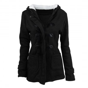 Women Hooded Long Section Wool Blend Jacket with Leather Ox Horn Shape Buckle