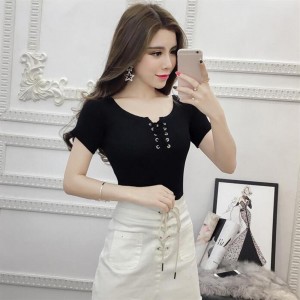 Lace-up Pullover Round Collar Short Sleeve Knitted Shirts Slim-fit Solid Color