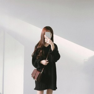 Female Loose V-neck Above-knee Sweater Dress Long Section Long-sleeved Sweater