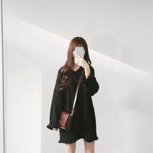 Female Loose V-neck Above-knee Sweater Dress Long Section Long-sleeved Sweater