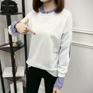 Fake Two Pieces Sweatshirt with Stripe Stitching with Puff Sleeves for Women